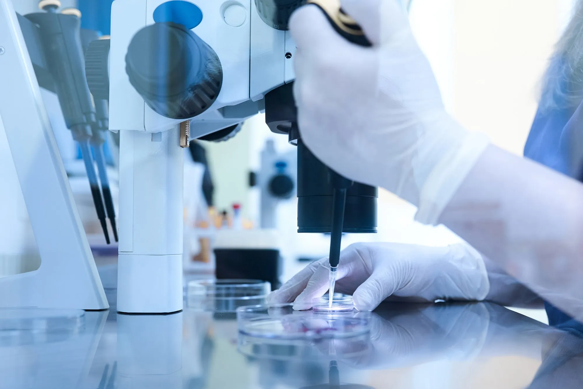Embryologist in gloves using a pipette under a microscope at an IVF laboratory bench.